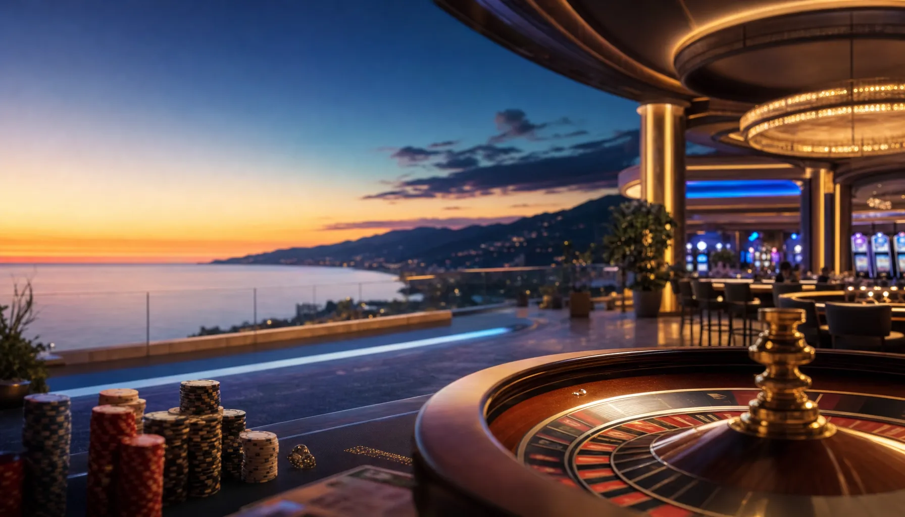 Luxurious Italian-inspired casino atmosphere with warm gold lighting, roulette wheel and chips in soft focus, cinematic depth
