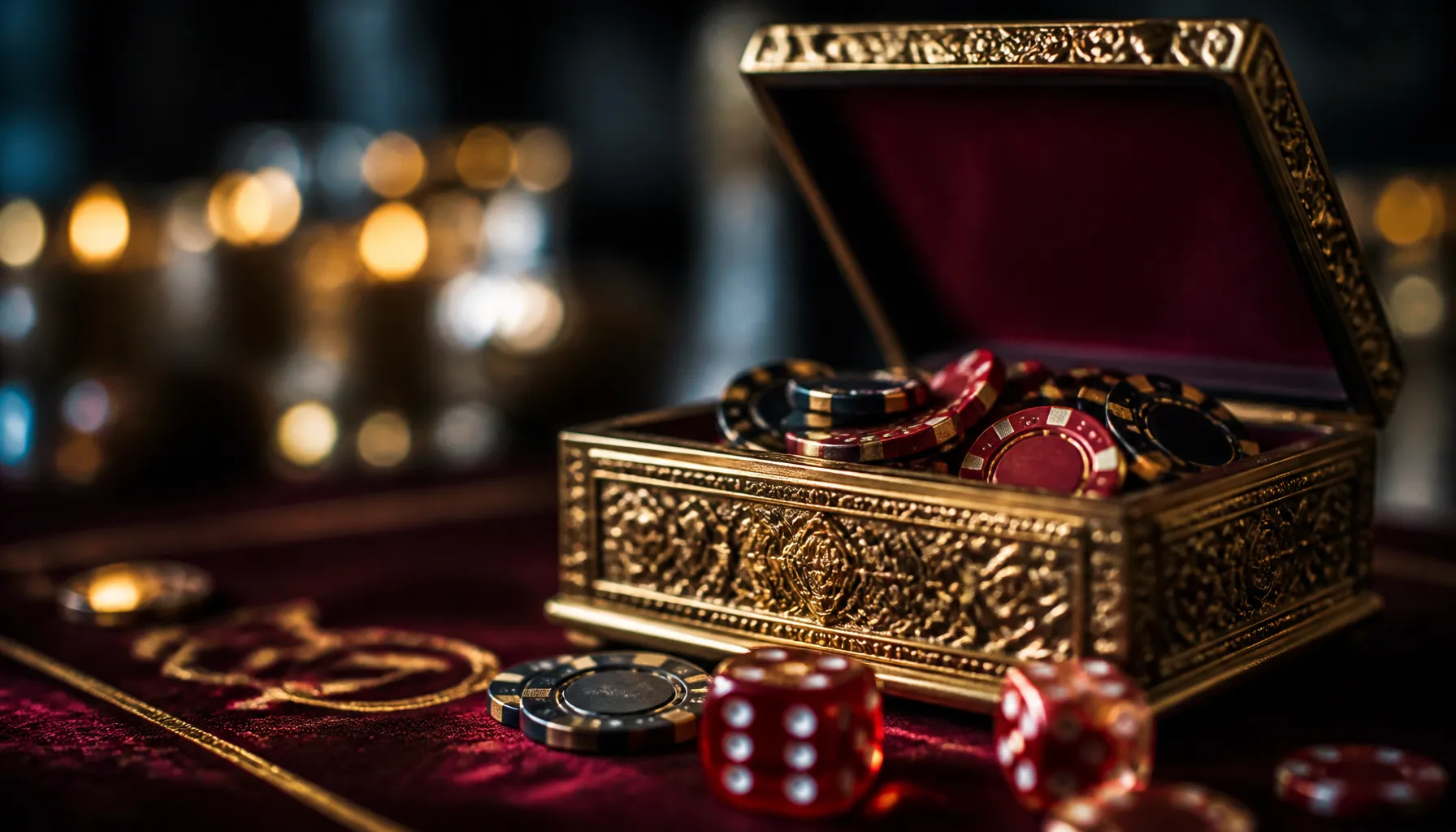 Close-up of gleaming gold coins scattered on deep emerald green velvet surface with soft cinematic warm lighting